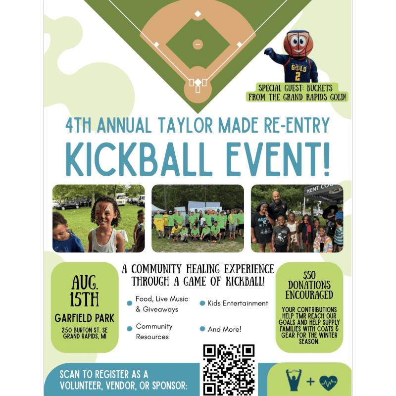 A baseball field with a mascot in the background and a flyer for a kickball event in the foreground.