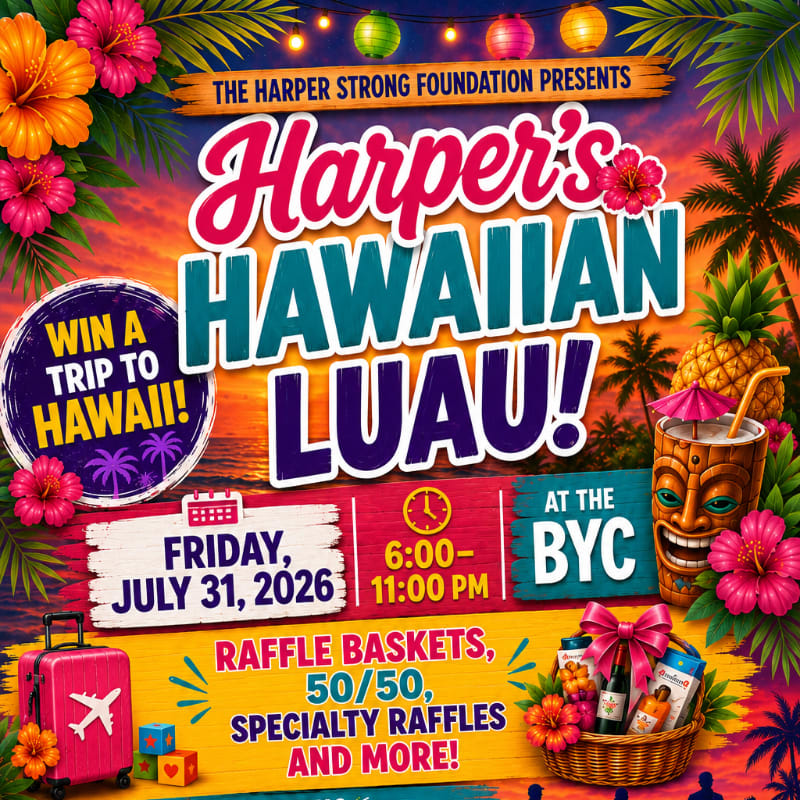 A vibrant Hawaiian luau poster features tropical flowers and palm trees in the background, with event details, raffle information, and a suitcase in the foreground.