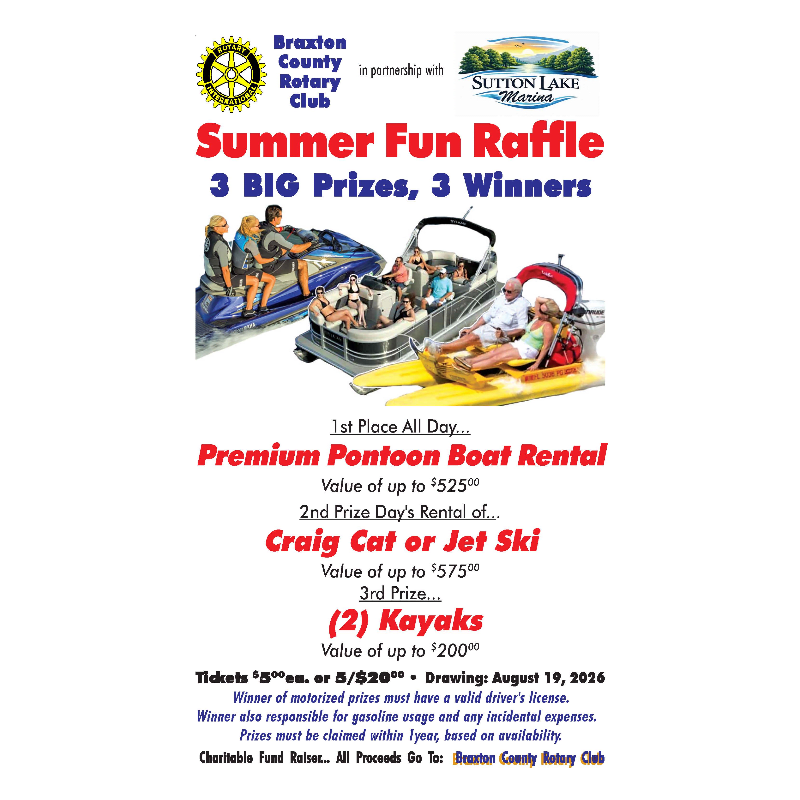 In the foreground, raffle details for a "Summer Fun Raffle" are listed with prizes including a pontoon boat rental, Craig Cat or Jet Ski, and kayaks, while the background features an illustration of people enjoying a pontoon boat and jet skis on the water.