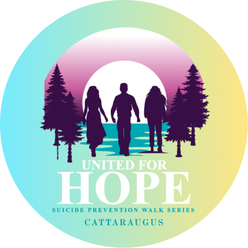 Silhouetted figures walk towards a sunset with pine trees on either side, beneath the words "UNITED FOR HOPE SUICIDE PREVENTION WALK SERIES CATTARAGUS" in a circular, gradient background.