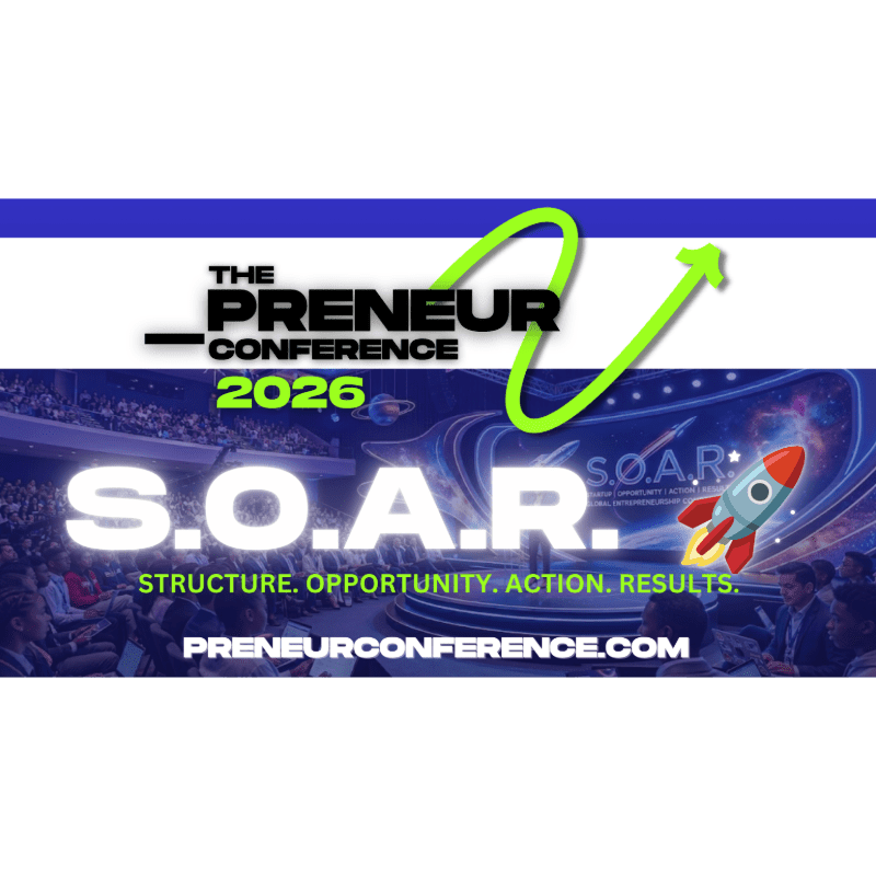 A rocket ship blasts off in the foreground against a backdrop of a conference stage with the words "S.O.A.R." and "THE PRENEUR CONFERENCE 2026" prominently displayed.