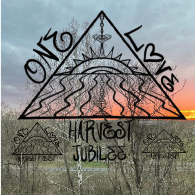A black outline of a triangle with wavy lines and text "ONE LOVE" overlays a sunset sky and bare trees, with smaller versions of the logo and "HARVEST JUBILEE" text in the foreground.