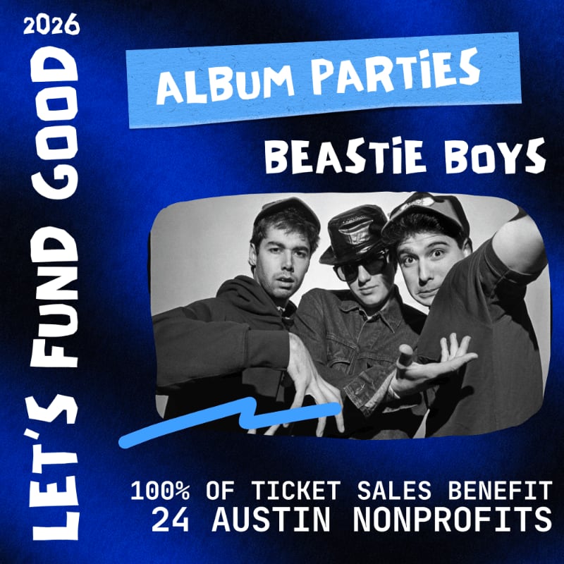 In the foreground, the Beastie Boys are pictured in a black and white photo with a blue line graph, while the background is a vibrant blue with text announcing "Album Parties" and "Let's Fund Good."