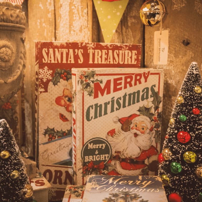 Santa's Treasure and Merry Christmas signage boards