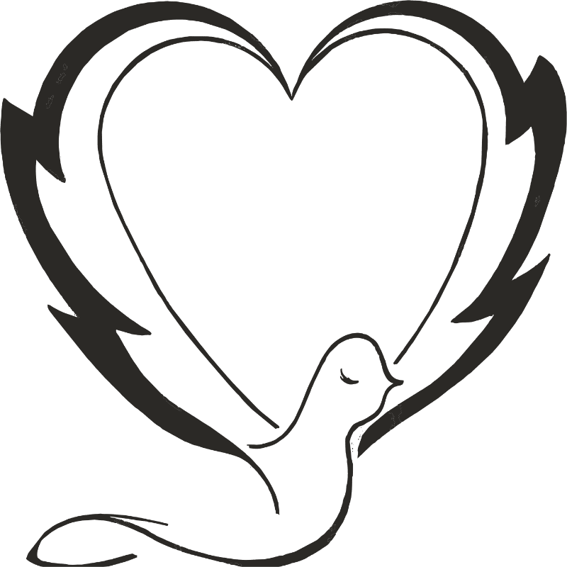 A stylized dove with closed eyes flies towards a large, outlined heart with flame-like accents.