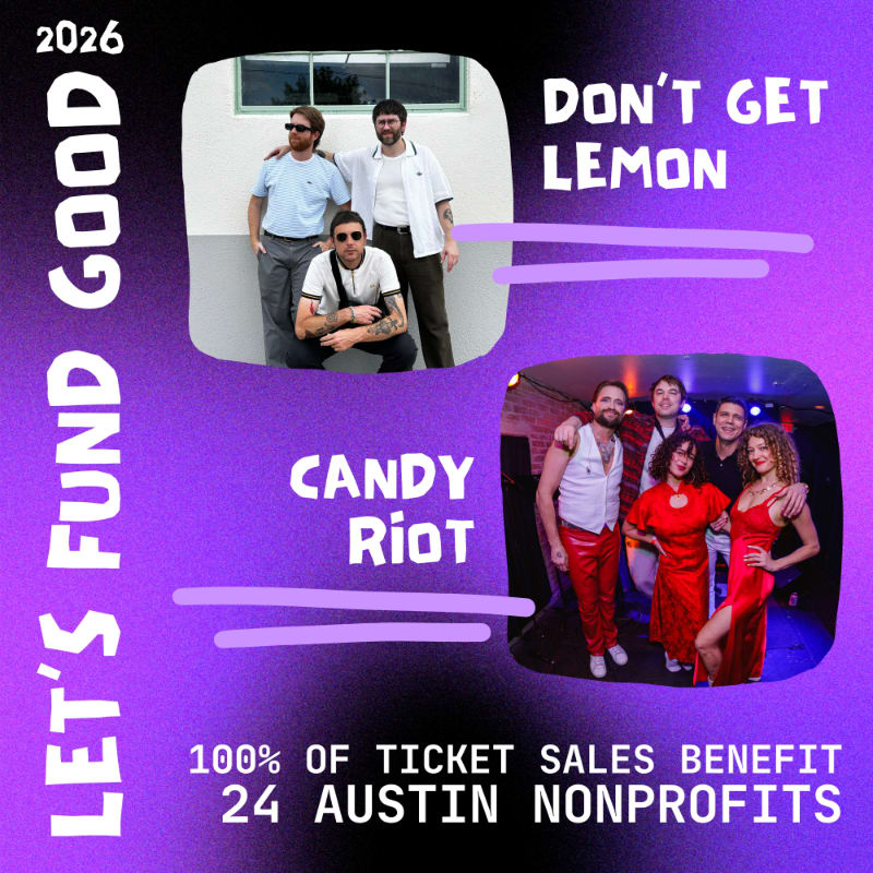 A purple background with text and two images of bands, one with four men in casual attire and another with five people in vibrant outfits.