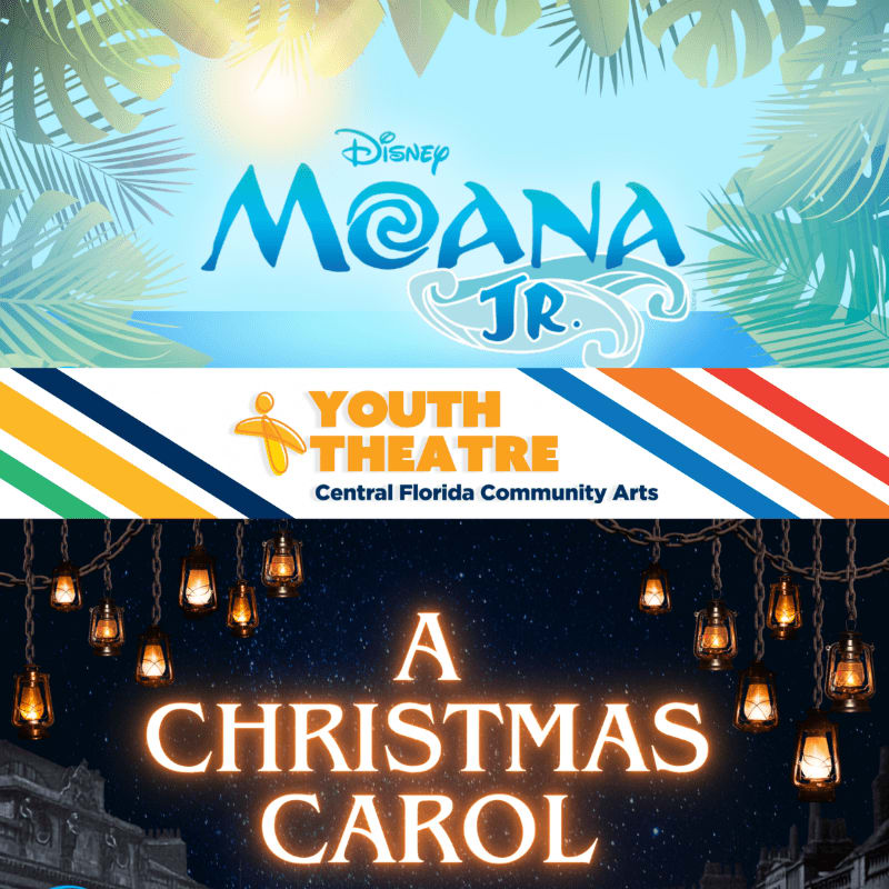 A vibrant banner advertises "Disney Moana Jr." and "A Christmas Carol" by Youth Theatre Central Florida Community Arts, set against a backdrop of tropical leaves and festive lanterns.