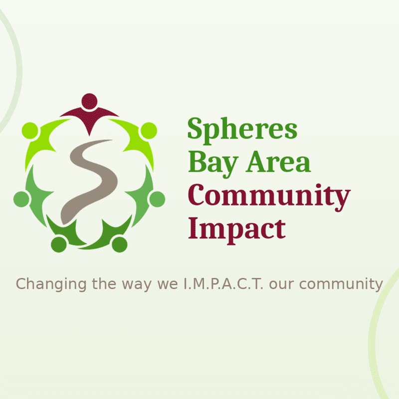 A circular logo with stylized figures and a winding path is on the left, with the text "Spheres Bay Area Community Impact" and a tagline below it, all set against a light green gradient background.