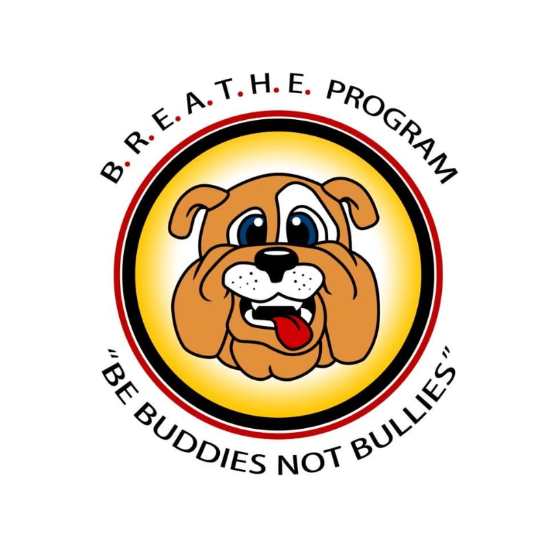 A cartoon bulldog with its tongue out is featured in the foreground, set against a yellow circular background with text above and below.