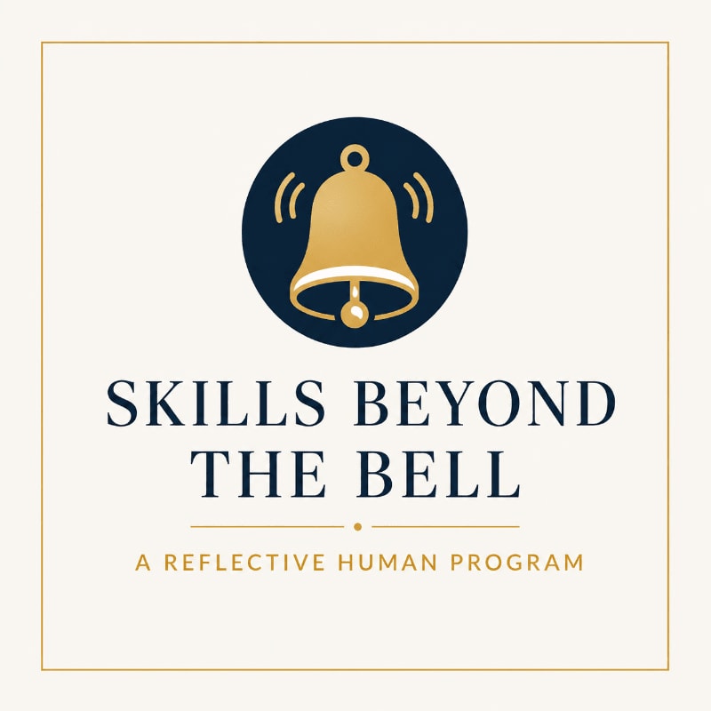 A golden bell rings within a dark blue circle in the foreground, set against a cream background with the text "SKILLS BEYOND THE BELL" and "A REFLECTIVE HUMAN PROGRAM" below it.