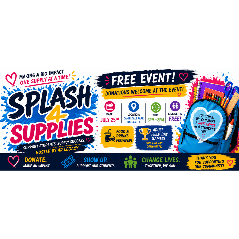 A vibrant banner advertises a free "Splash 4 Supplies" event with a blue backpack filled with school supplies in the foreground and event details in the background.