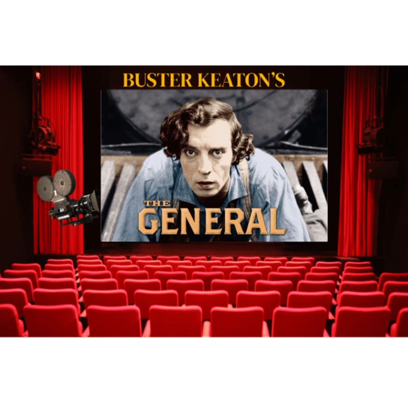 Red theater seats fill the foreground, facing a large screen displaying a movie poster for "Buster Keaton's The General" with a projector visible to the left.