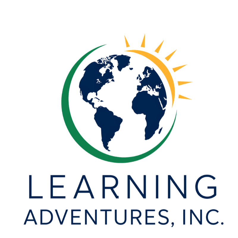 A globe with a green arc and a yellow sunburst in the background is superimposed over the text "LEARNING ADVENTURES, INC." in the foreground.