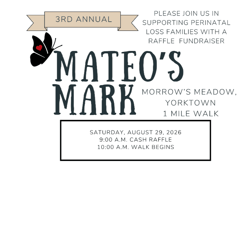 A black butterfly with a red heart on its wing hovers over the bold, dark text "MATEO'S MARK" in the foreground, while the background is a white space with event details for a raffle fundraiser.