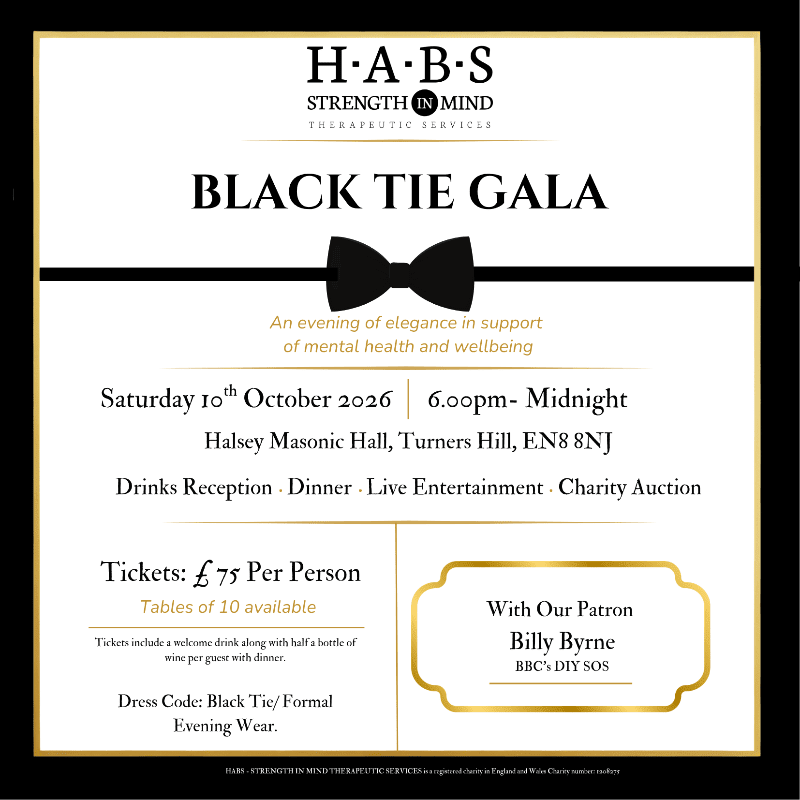 A black tie gala invitation for a mental health and wellbeing event is displayed against a dark background, with event details and a patron's name in the foreground.