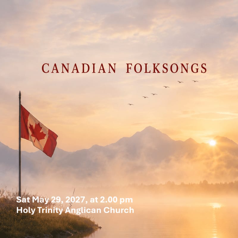 A Canadian flag waves in the foreground by a misty lake, with silhouetted mountains and a flock of birds in the background under a warm sunset sky.