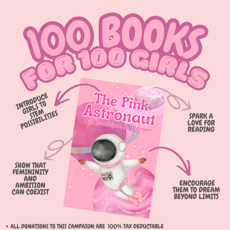 A pink-themed graphic promotes "100 Books for 100 Girls" with a book cover of "The Pink Astronaut" in the foreground and text highlighting the campaign's goals in the background.