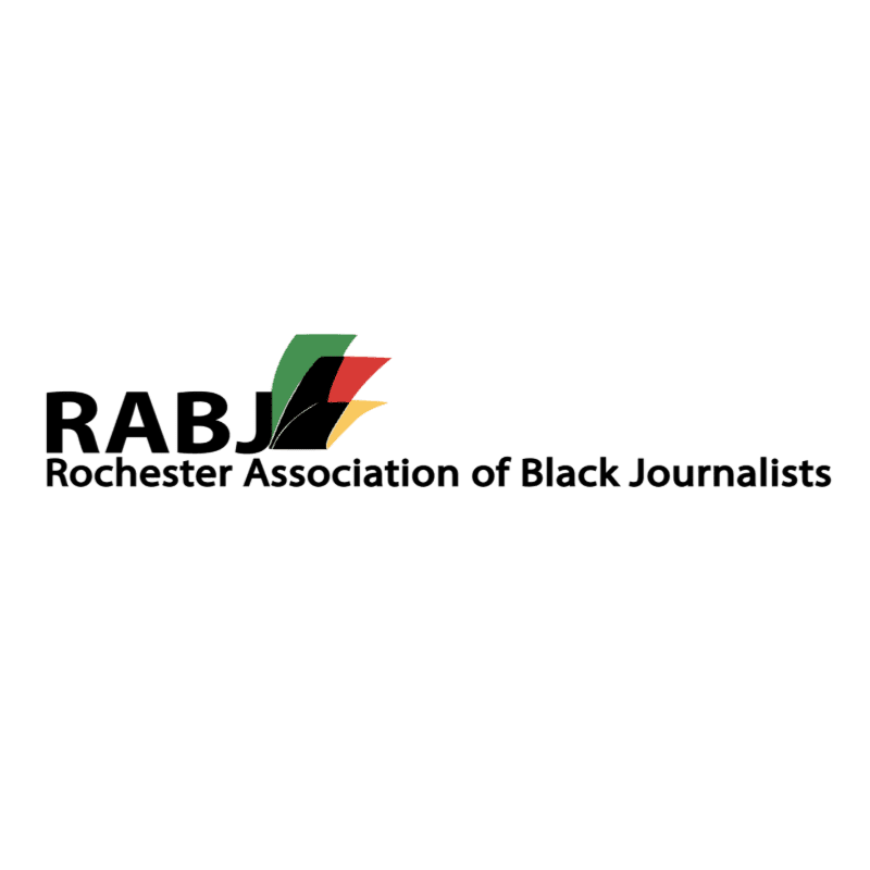The foreground displays the text "RABJ Rochester Association of Black Journalists" with a colorful abstract logo, set against a plain white background.