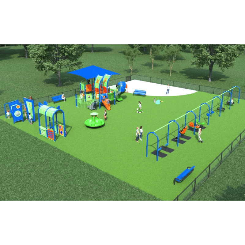 A vibrant playground with swings and a merry-go-round in the foreground is set against a backdrop of lush green trees and a clear sky.