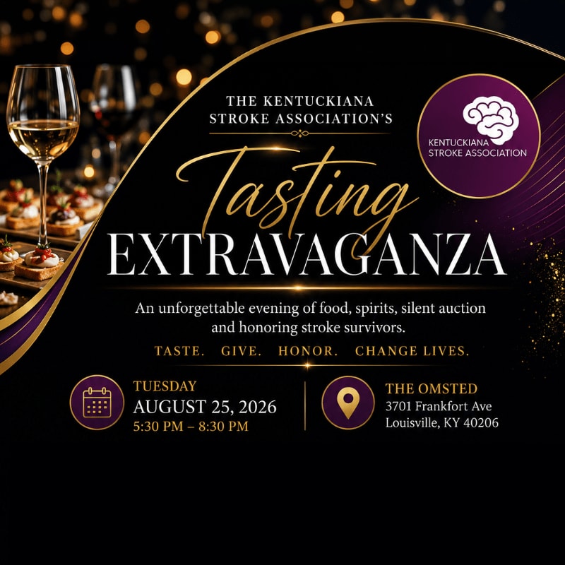 Elegant glasses of wine and appetizers fill the foreground, while a dark, sparkling background highlights the event details for the Kentuckiana Stroke Association's Tasting Extravaganza.
