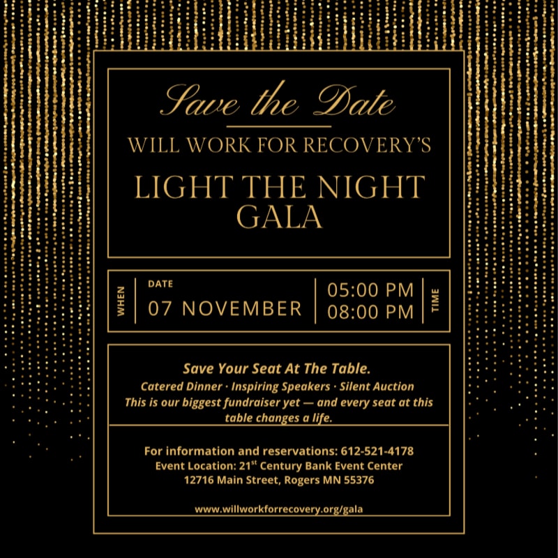 A black and gold invitation for the "Light the Night Gala" by Will Work for Recovery features sparkling gold strands in the background and event details in the foreground.