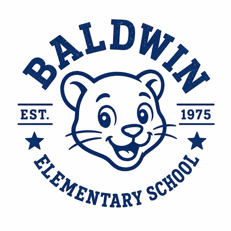 A cartoon panther mascot with "BALDWIN ELEMENTARY SCHOOL EST. 1975" encircling it is set against a white background.