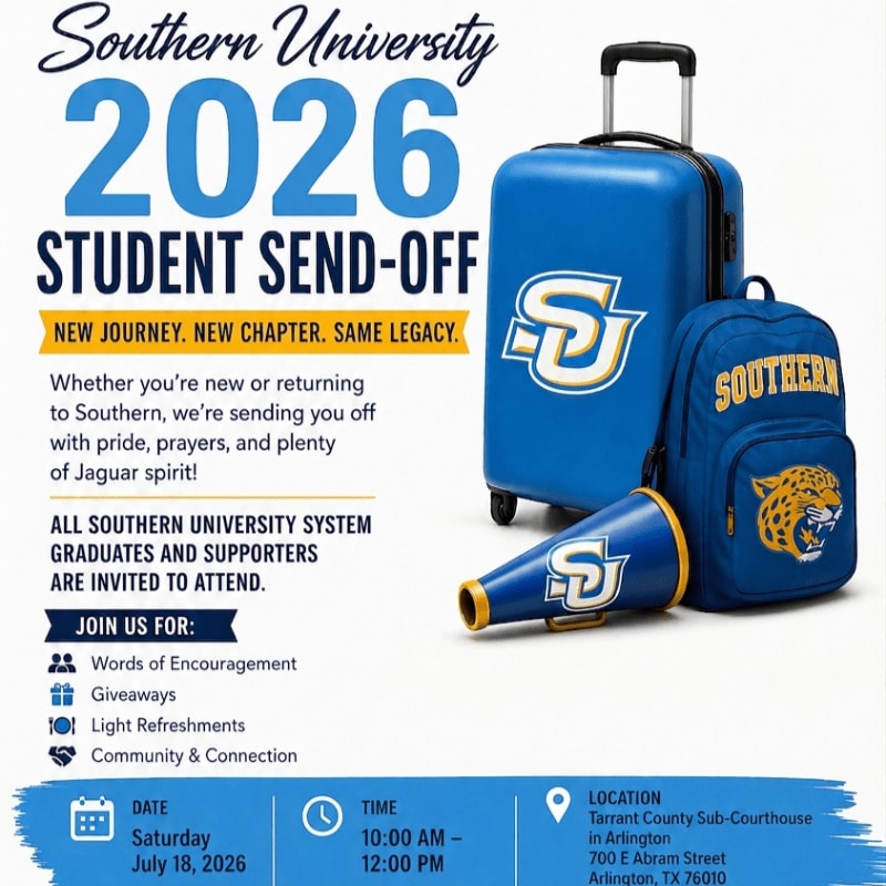 Blue luggage and a megaphone with the Southern University logo are in the foreground, while event details for a student send-off are in the background.