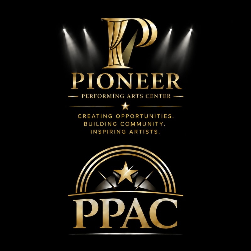 Golden spotlights illuminate the "PIONEER PERFORMING ARTS CENTER" logo with its tagline, while a stylized "PPAC" emblem sits below against a black background.