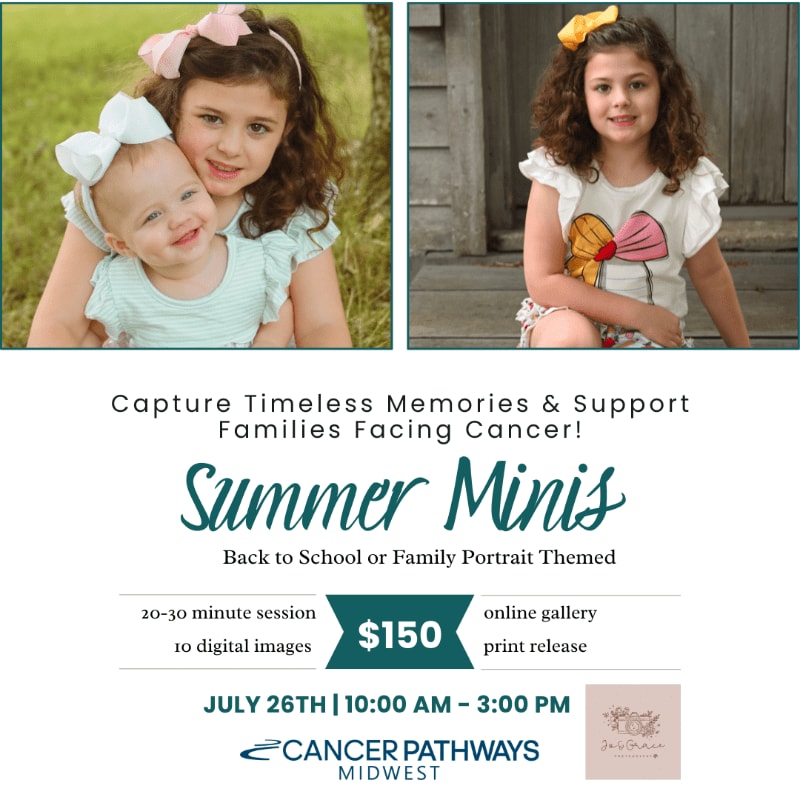 Two young girls with bows in their hair are featured in the foreground, with a promotional flyer for "Summer Minis" photography sessions in the background.