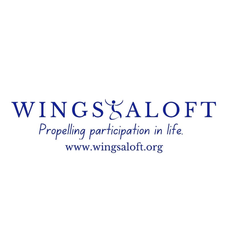 A white background frames the blue text "WINGSALOFT" with a stylized human figure in place of the "A", followed by the tagline "Propelling participation in life." and the website "www.wingsaloft.org".