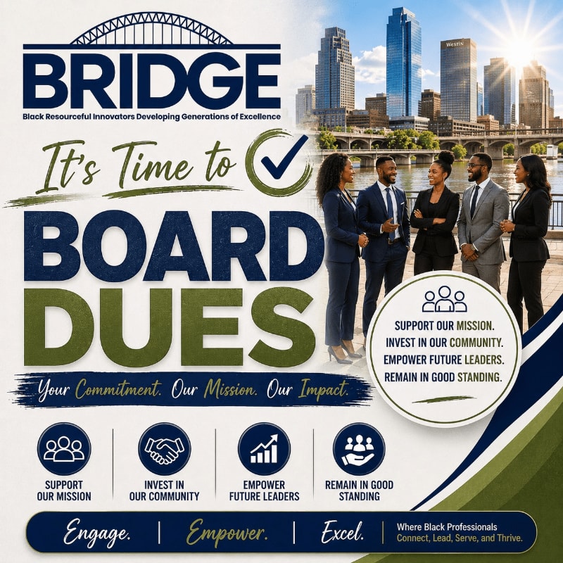 A group of six professionals stand on a waterfront with a city skyline in the background, while the foreground displays the text "BOARD DUES" and supporting icons.