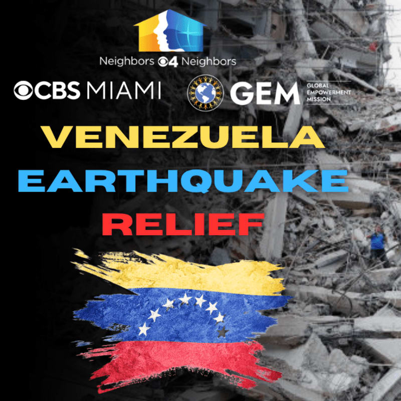 The foreground features the Venezuelan flag painted with a distressed brushstroke, overlaid with text announcing "VENEZUELA EARTHQUAKE RELIEF" and logos from CBS Miami and GEM, while the background displays the devastating aftermath of a collapsed building with rubble and a distant figure.