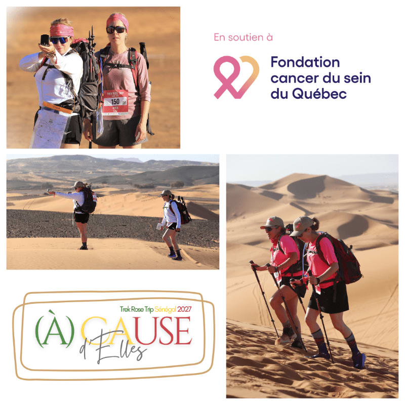 Two women in athletic wear trek through sand dunes in the foreground, while the background features desert landscapes and a logo for the Quebec Breast Cancer Foundation.