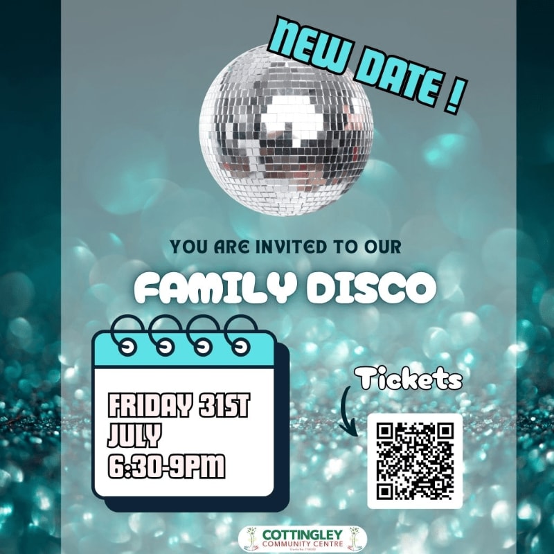 A disco ball hangs above a calendar showing "FRIDAY 31ST JULY 6:30-9PM" and a QR code for tickets, all set against a sparkling teal background.