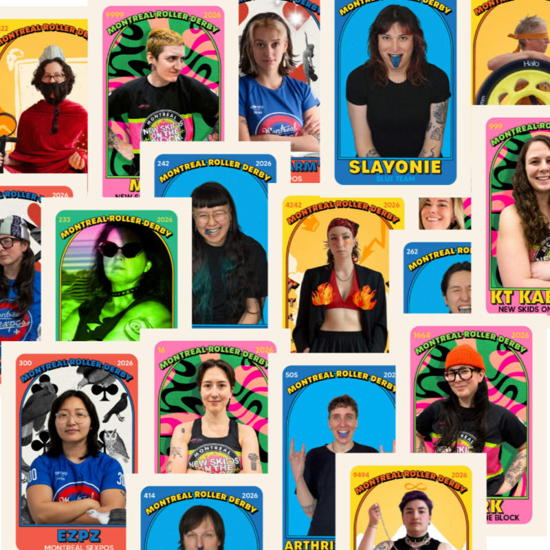 A collage of Montreal Roller Derby trading cards features diverse individuals in the foreground against colorful, patterned backgrounds.