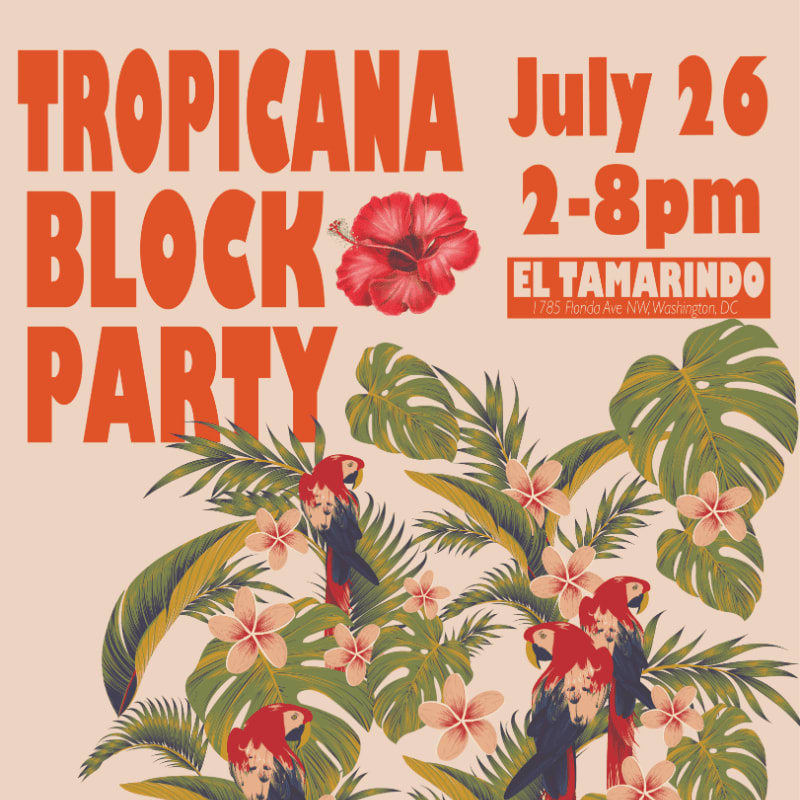 A "TROPICANA BLOCK PARTY" is advertised with tropical foliage and parrots in the foreground, and event details in the background.