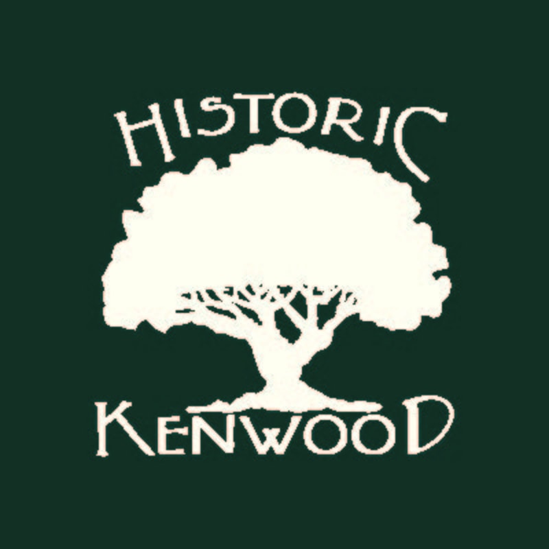 A white silhouette of a large, leafy tree with the words "HISTORIC" above and "KENWOOD" below is set against a dark green background.