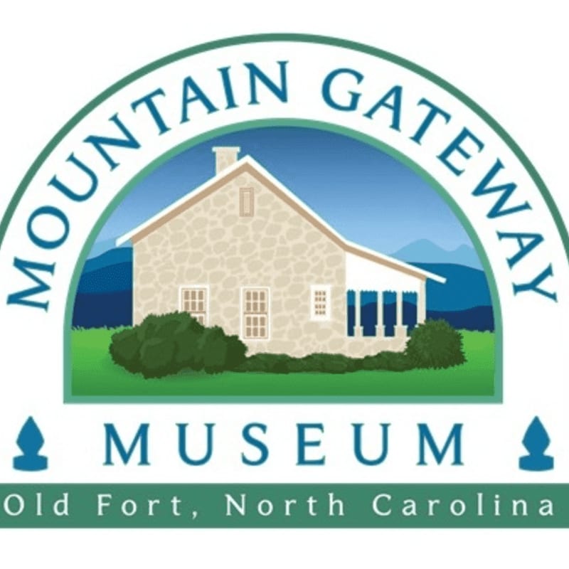 A stone building with a porch sits in front of rolling blue hills, all framed by a green arch with "MOUNTAIN GATEWAY MUSEUM" written in blue.