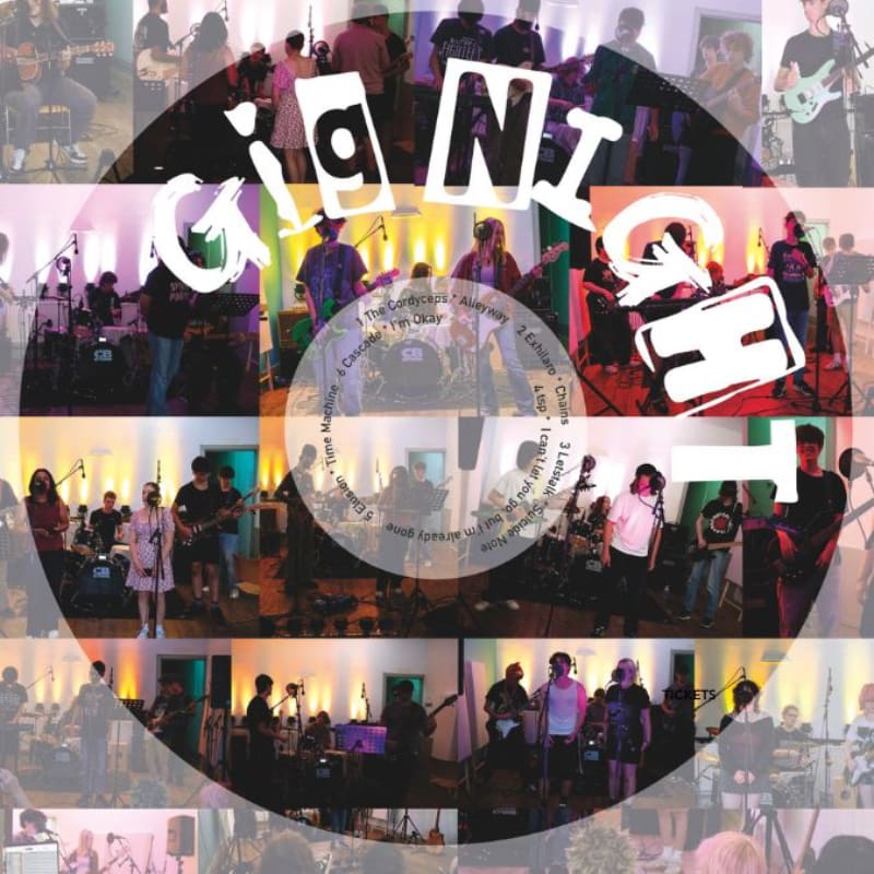 A collage of band performances, with the word "Giants" overlaid in large, stylized letters, fills the frame.