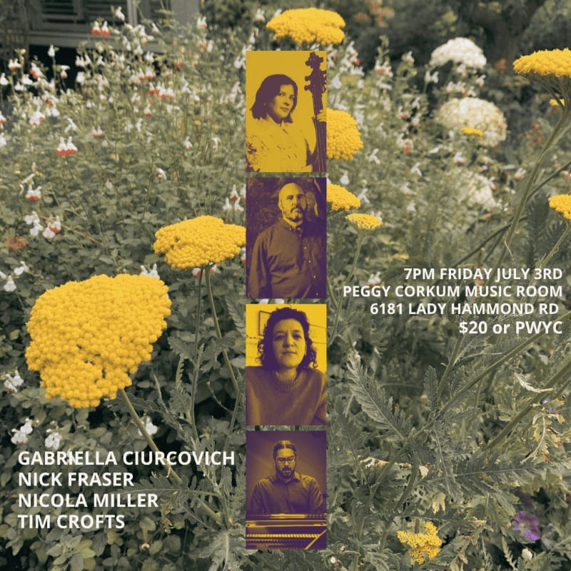 A vertical stack of four portraits is superimposed over a vibrant background of yellow yarrow flowers and greenery, with event details listed on the right.