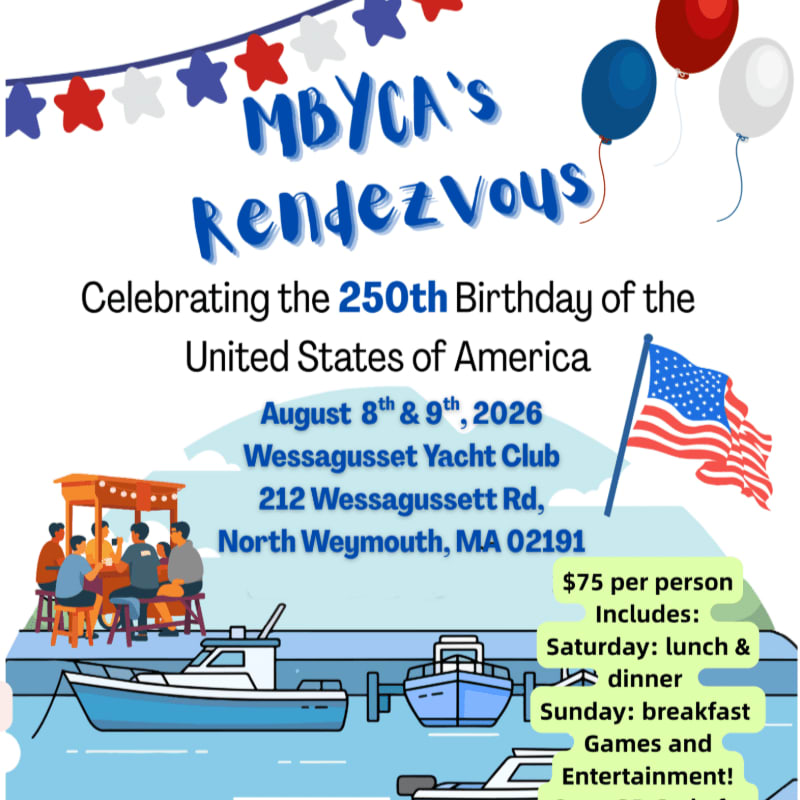A festive invitation for MBYCA's Rendezvous celebrating the 250th birthday of the United States features boats in the foreground and balloons and patriotic bunting in the background.