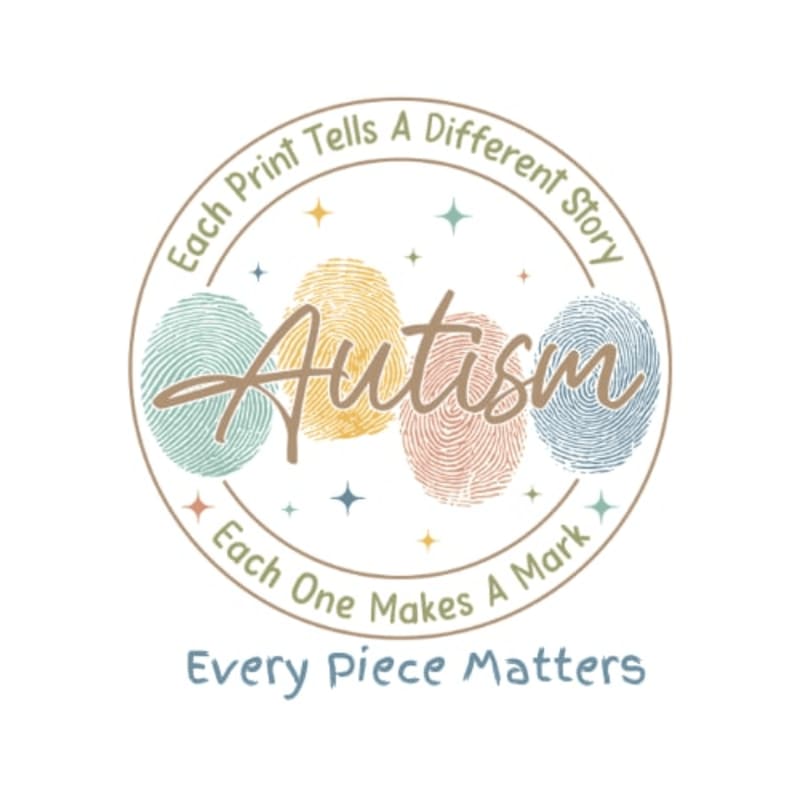 Four colorful fingerprint circles form the word "Autism" in the foreground, set against a white background with stars and text about individuality.
