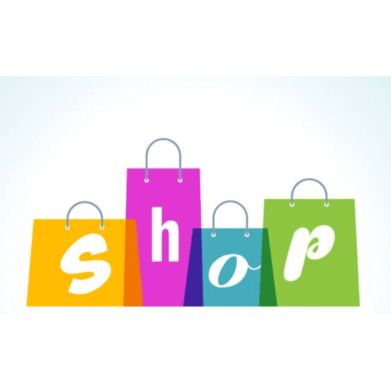 Four colorful shopping bags with letters spelling "shop" are arranged in the foreground against a bright, gradient background.