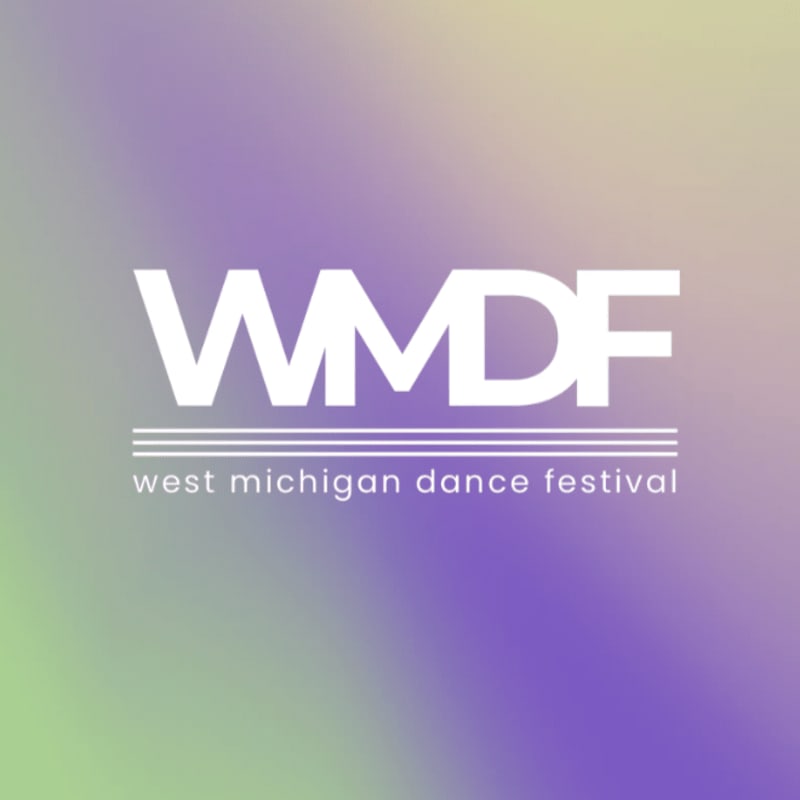 White text for "WMDF west michigan dance festival" is centered on a blurred background of green and purple hues.