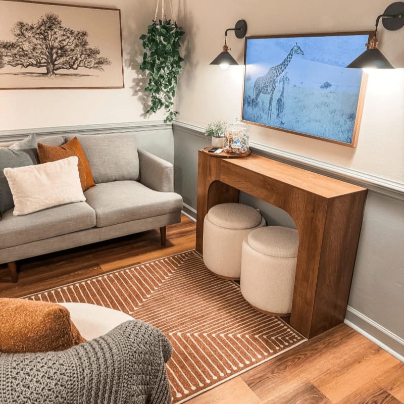 A cozy living room features a grey sofa and patterned rug in the foreground, with a television displaying a giraffe in the background.
