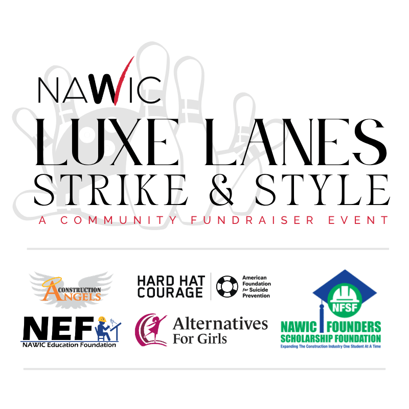 In the foreground, several logos for sponsoring organizations are displayed, while the background features the event title "NAWIC LUXE LANES STRIKE & STYLE" with stylized bowling pins.