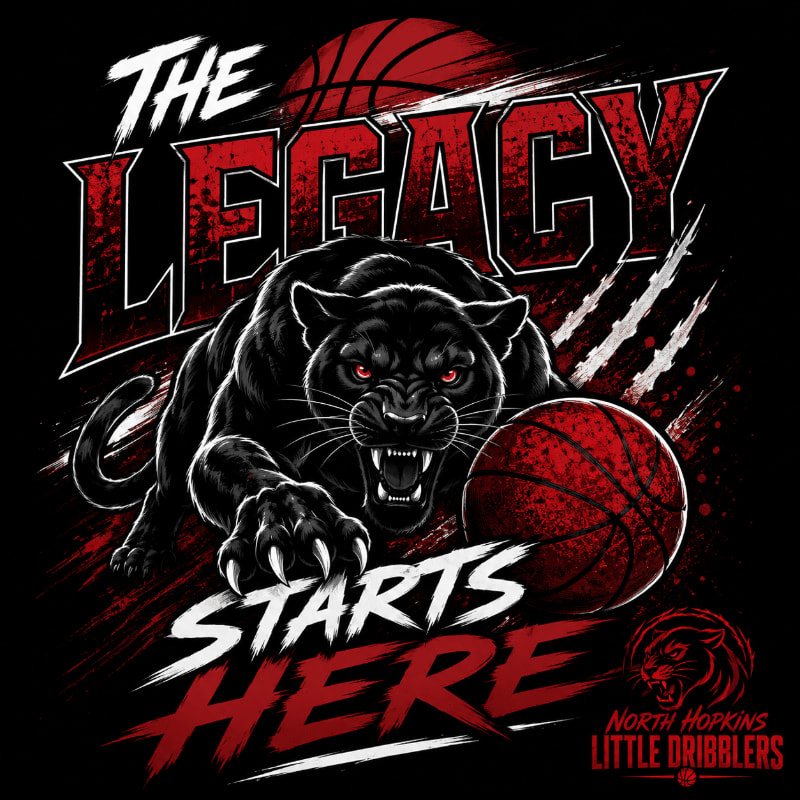 A fierce black panther with glowing red eyes lunges forward with a basketball in the foreground, while the words "THE LEGACY STARTS HERE" and a basketball graphic fill the background.