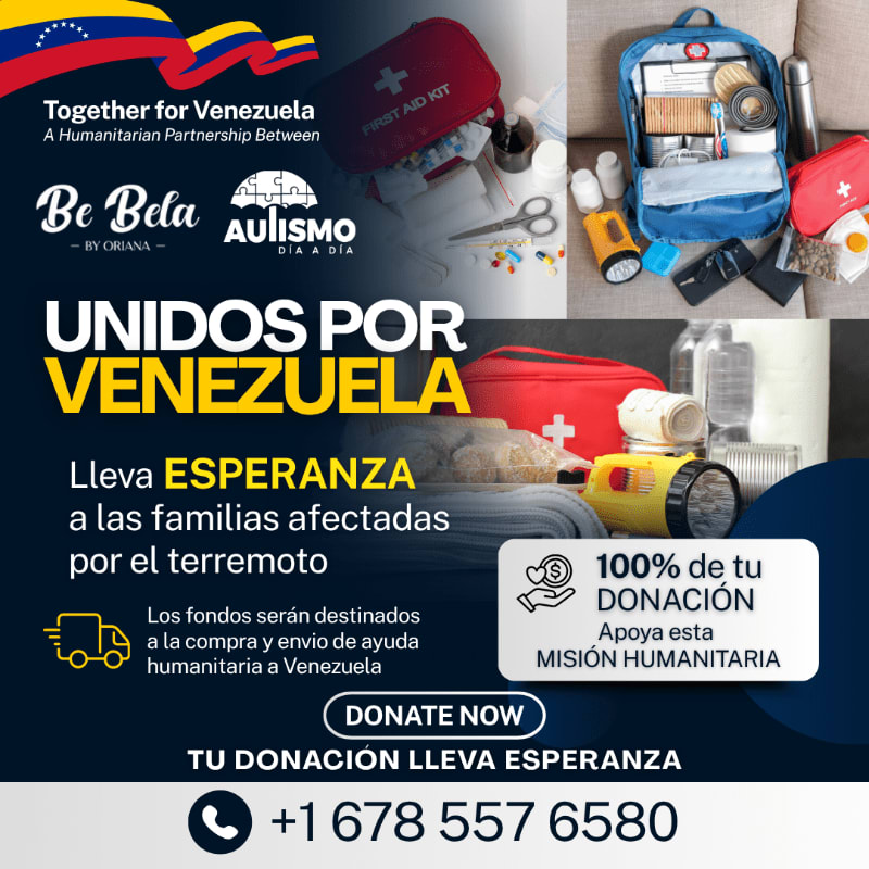 A humanitarian aid poster for Venezuela features a first aid kit and supplies in the foreground, with Venezuelan flags and a backpack of donations in the background.