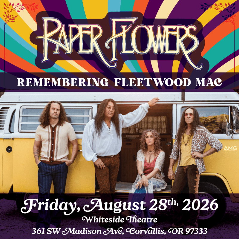 Four people dressed in 1970s attire stand in front of a yellow van, with the event details and psychedelic background above.
