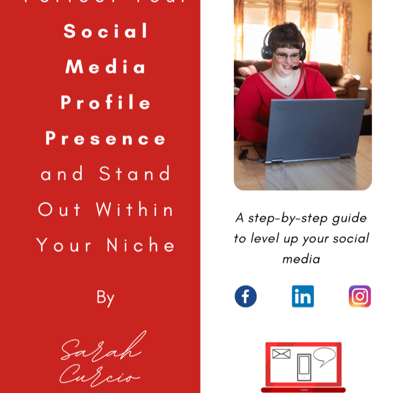 A woman with a headset works on a laptop in a living room, with text about social media presence and icons for Facebook, LinkedIn, and Instagram in the foreground.